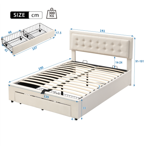A cream 4ft6 double bed frame labelled with its dimensions in centimetres