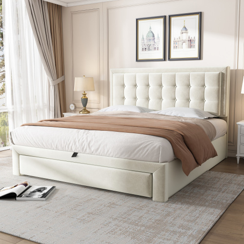 4ft6 Cream Velvet Storage Bed with Headboard