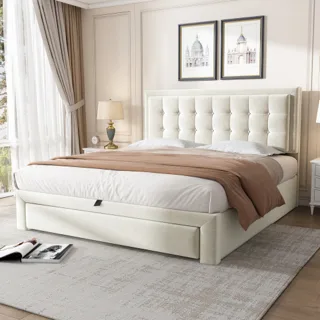 4ft6 Cream Velvet Storage Bed with Headboard video