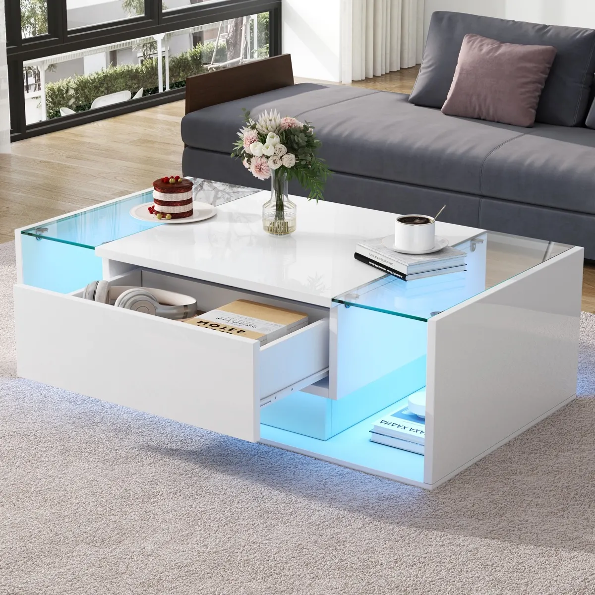 High Gloss Coffee Table With Open Storage, 1 Drawer, LED