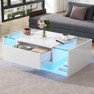 High Gloss Coffee Table With Open Storage, 1 Drawer, LED