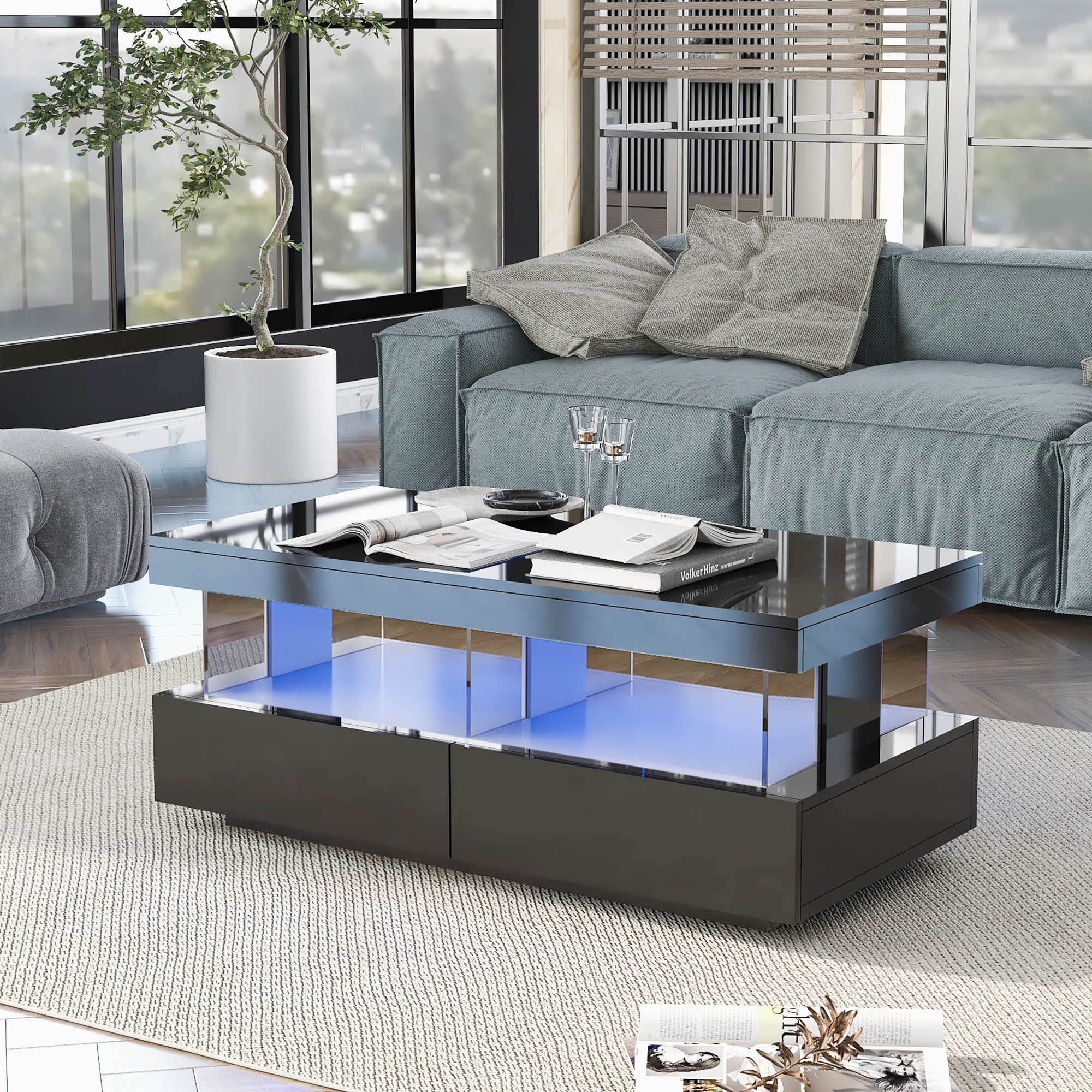 Coffee Table For Living Room, High Gloss Tea With LED