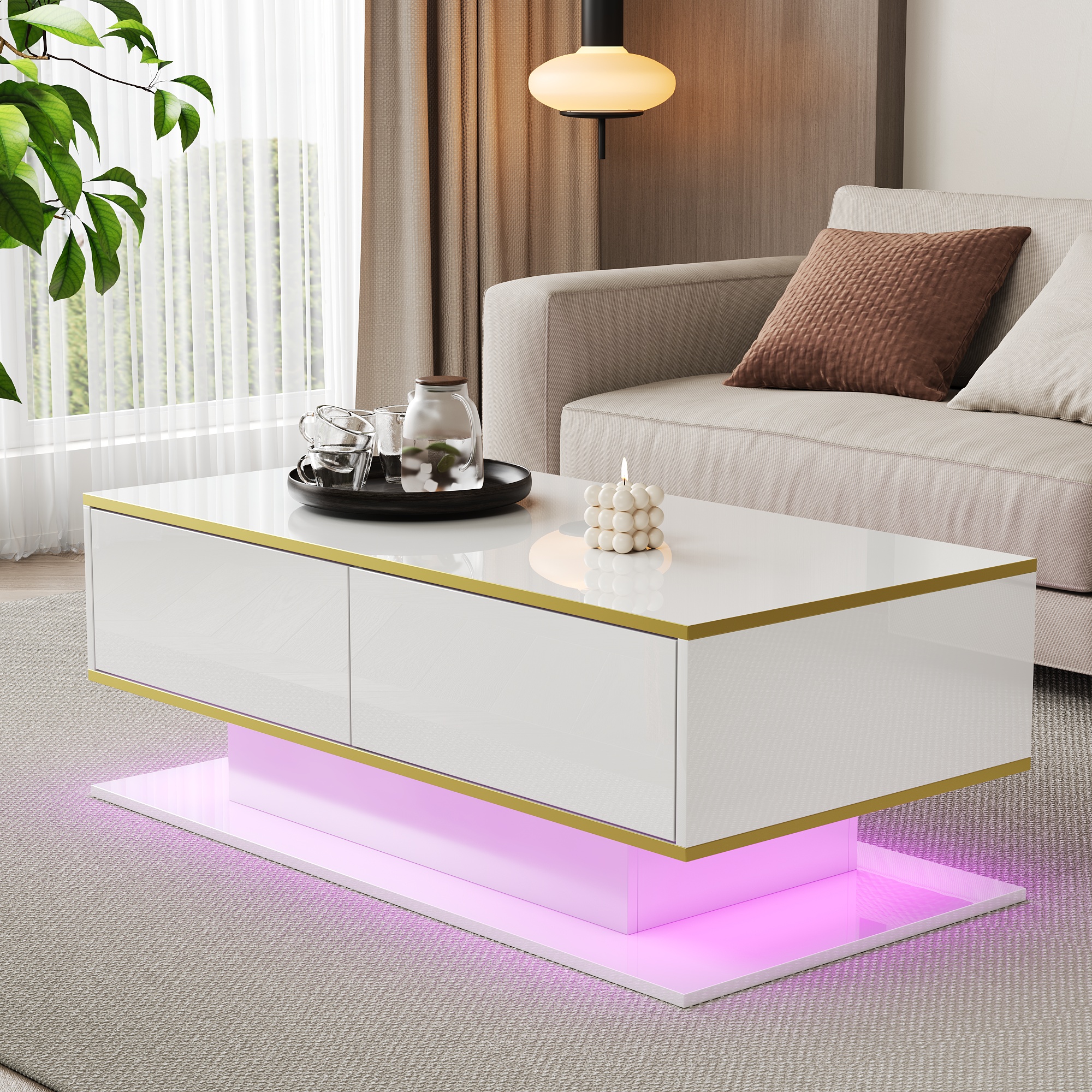 Modern LED Coffee Table With High-Gloss Finish, Length