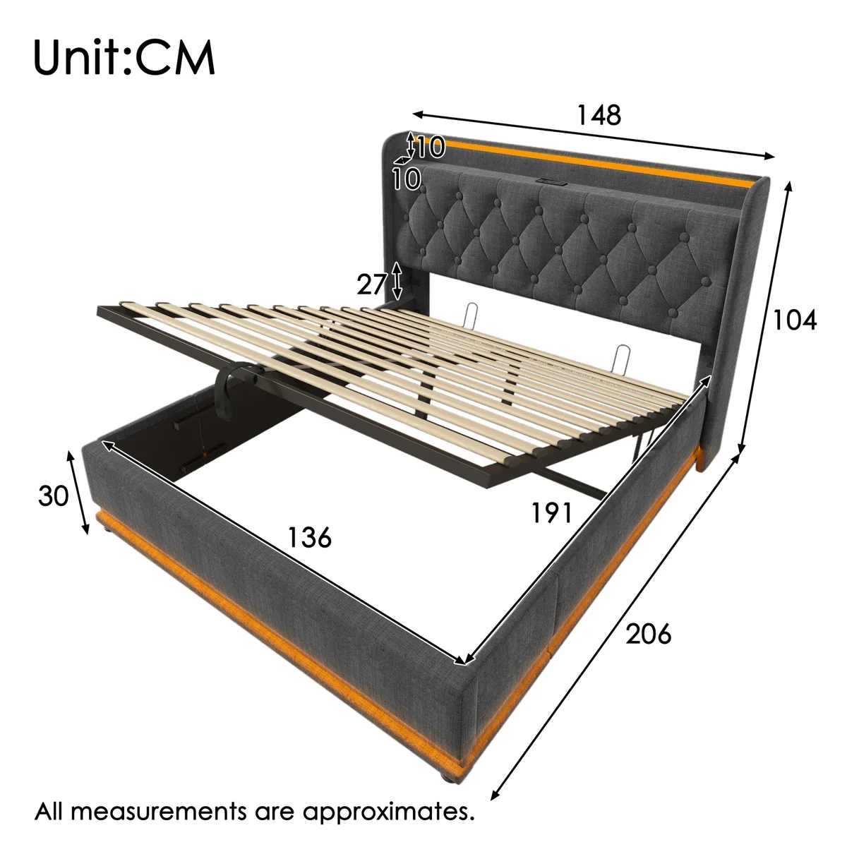 4ft6 Ottoman Bed with LED Lights & USB Charging