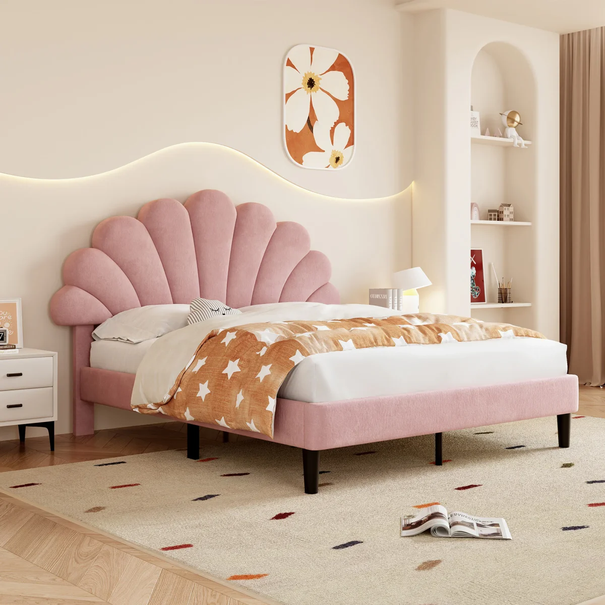 4ft6 Double Velvet Bed Frame with Petal Headboard