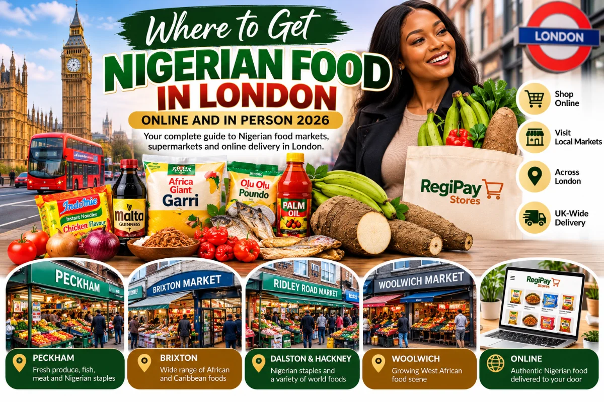 RegiPay Stores guide to finding Nigerian food in London, featuring Nigerian groceries, London landmarks, local markets in Peckham, Brixton, Dalston, Hackney and