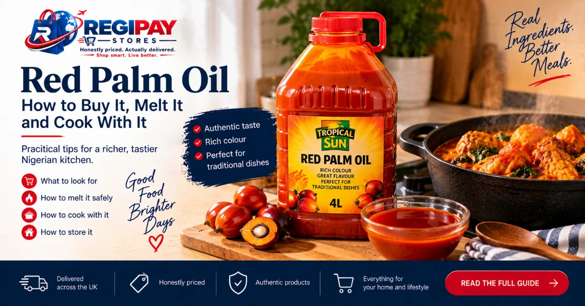 Open bottle of red palm oil beside a spoon of semi-solid orange oil on a worktop