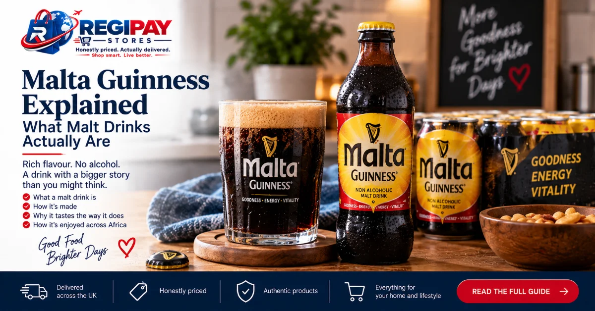 Dark malt drink in a tall glass beside an open can and evaporated milk tin