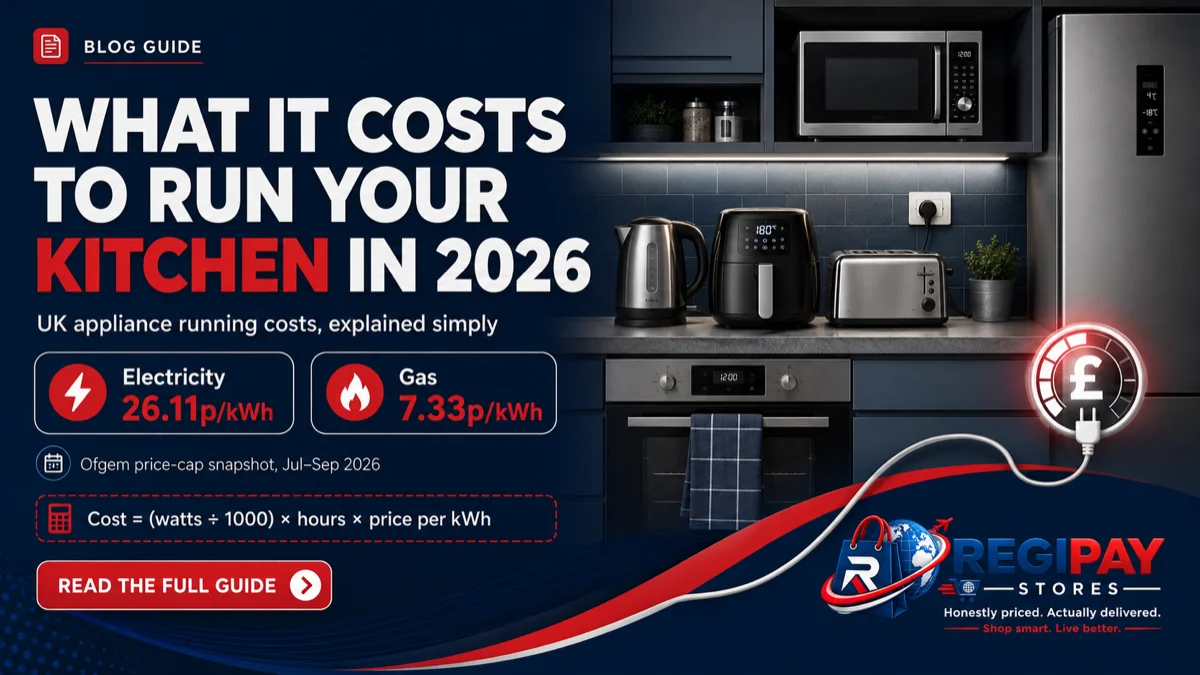 Modern UK kitchen with common appliances, illustrating RegiPay Stores’ 2026 guide to electricity and gas running costs, including Ofgem price-cap rates and a si