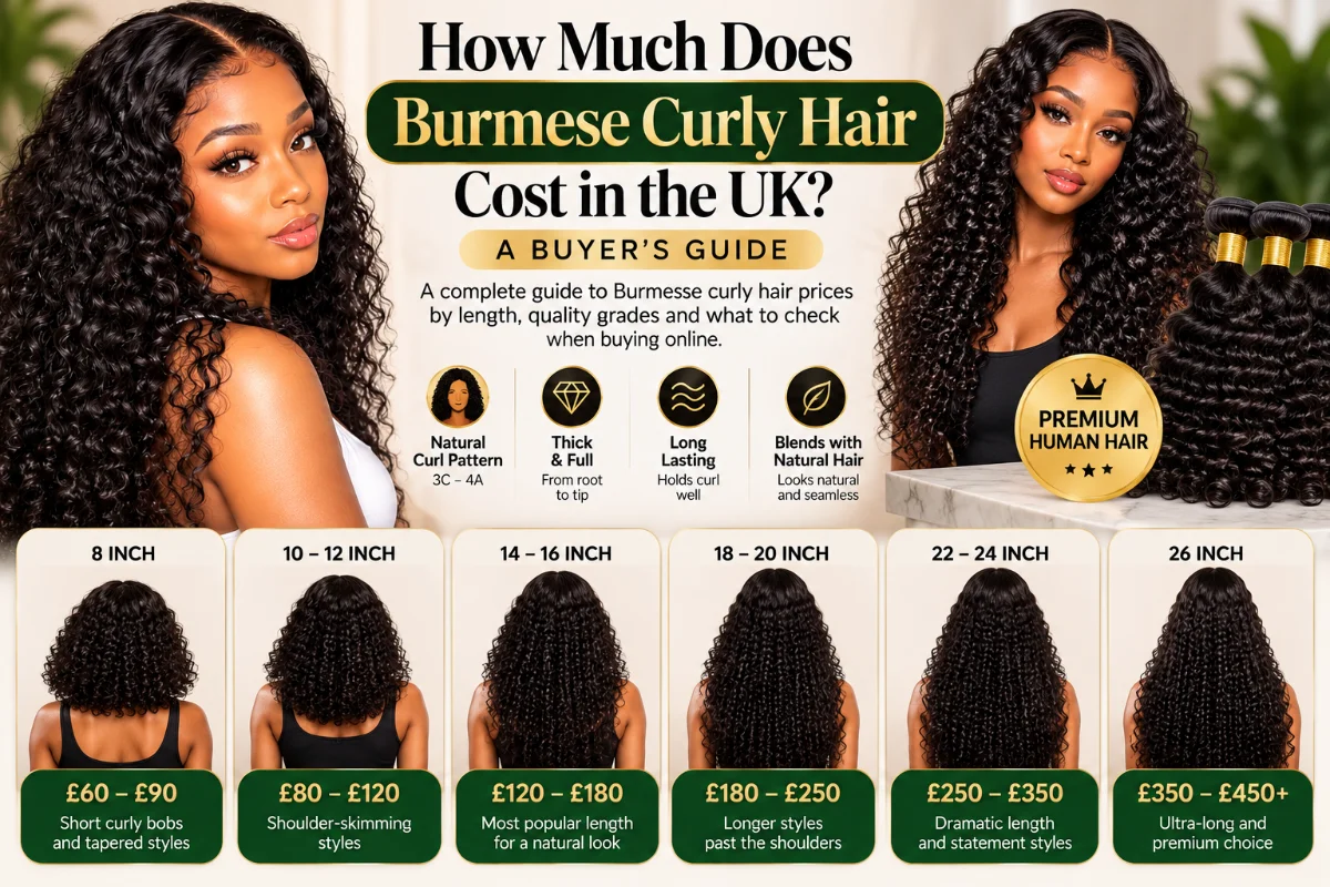 RegiPay Stores Burmese curly hair UK buyer’s guide showing premium curly human hair, natural curl texture, hair bundles and length options from 8 to 26 inches w