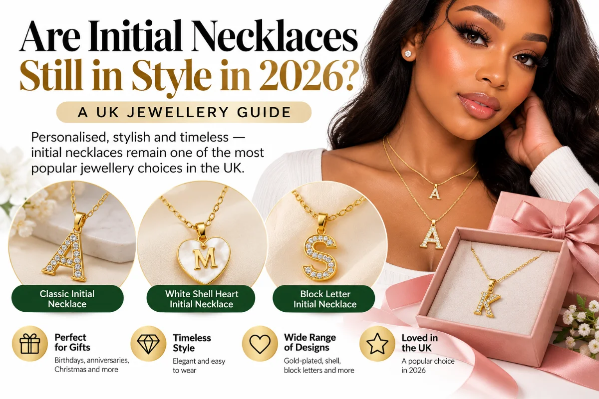 RegiPay Stores UK jewellery guide featuring gold initial necklaces, including classic letter pendants, a white shell heart initial necklace and a block letter d