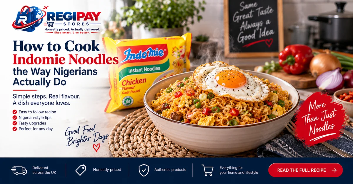 Fried Indomie noodles in a pan with sliced onion, red pepper and a fried egg