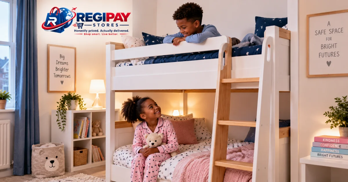 Wooden staircase bunk bed with storage treads and guard rail in a child's bedroom