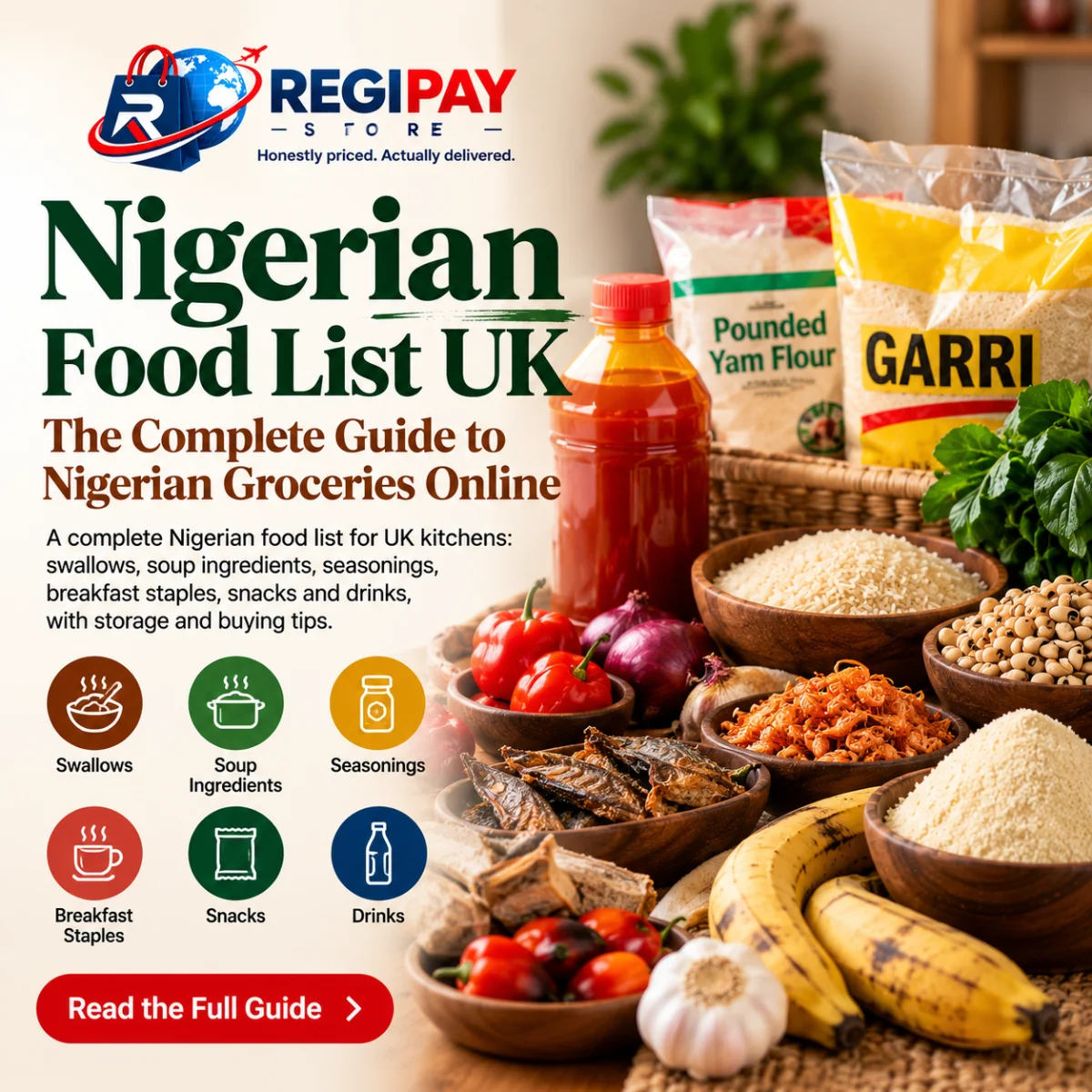RegiPay Stores Nigerian food list UK guide featuring garri, pounded yam flour, palm oil, rice, beans, crayfish, dried fish, plantain, peppers and other Nigerian