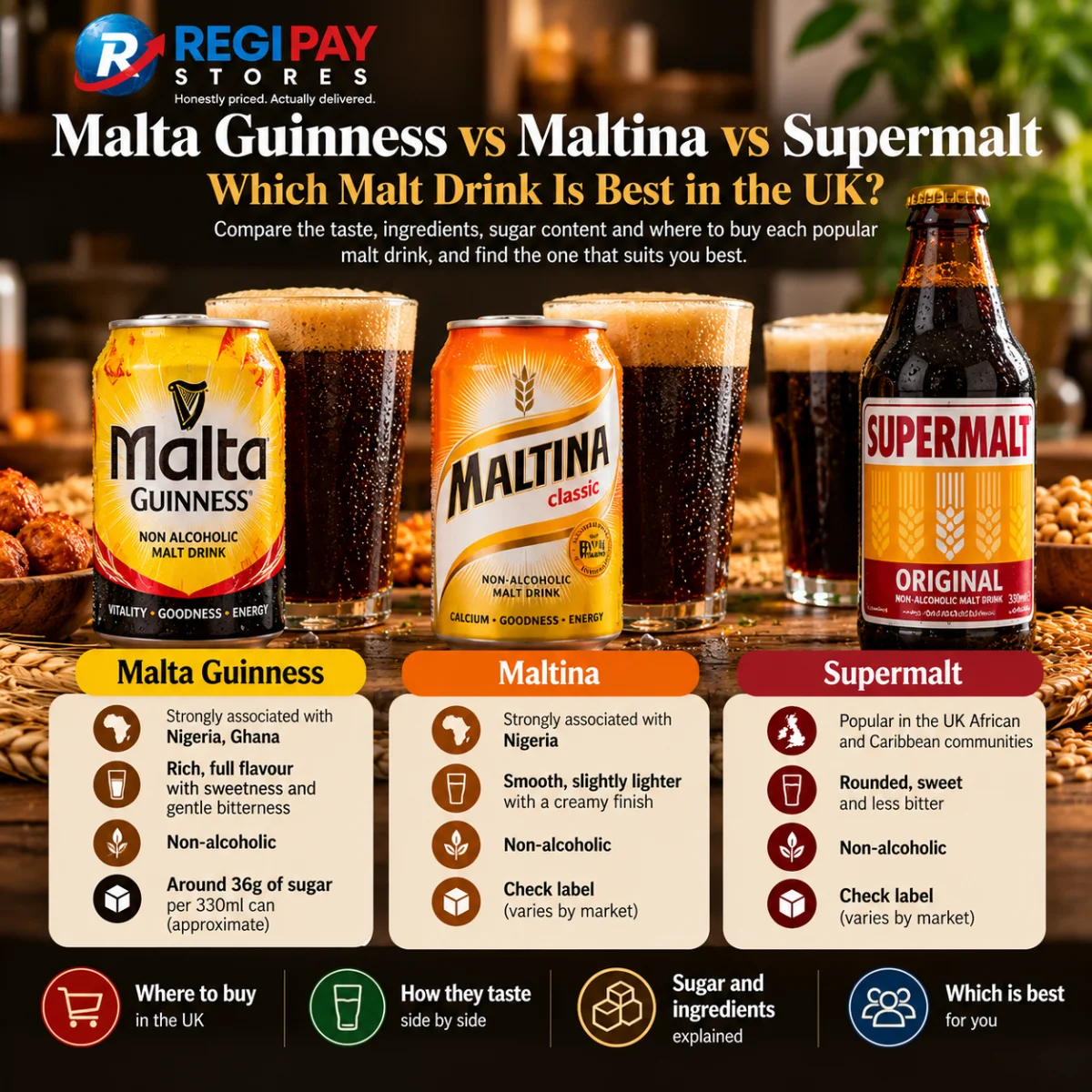 Alt text: RegiPay Stores comparison graphic featuring Malta Guinness, Maltina and Supermalt with chilled malt drinks and comparing flavour