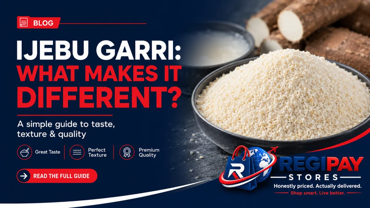 Ijebu garri in a bowl with cassava roots, featured in a RegiPay Stores guide explaining its distinctive taste, texture and quality.