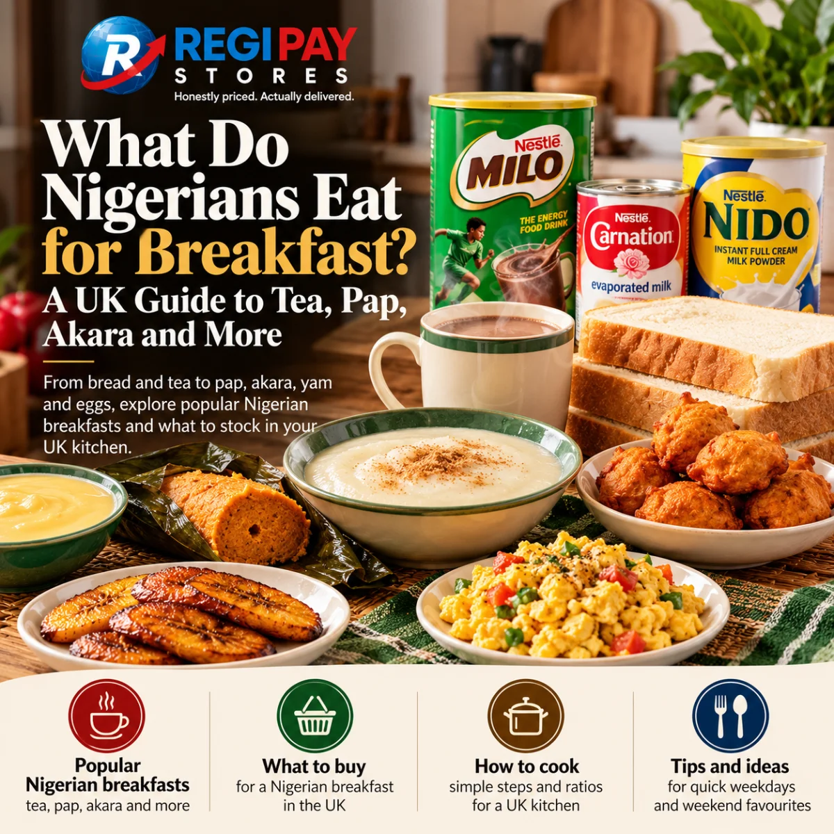 RegiPay Stores Nigerian breakfast guide featuring Milo, Nido, evaporated milk, bread, pap, akara, fried plantain and eggs.