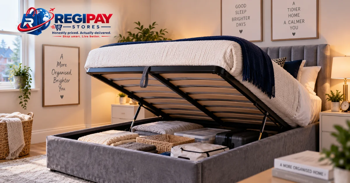 Ottoman bed base raised on gas struts showing folded bedding stored in the compartment below