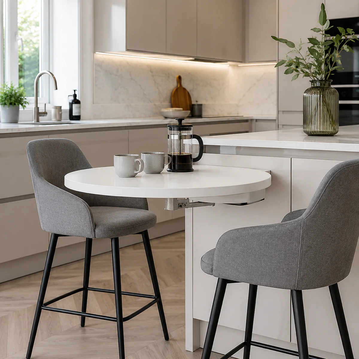 Modern white bar table in a UK kitchen