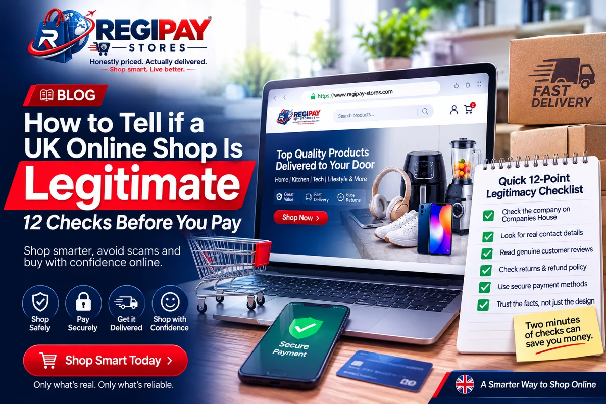 Laptop displaying an online shop beside a security checklist, payment card and delivery boxes, illustrating RegiPay Stores’ guide to 12 checks for verifying whe