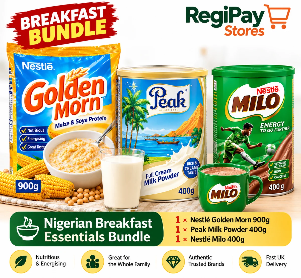 Nigerian Breakfast Trio — Golden Morn, Peak Milk and Milo