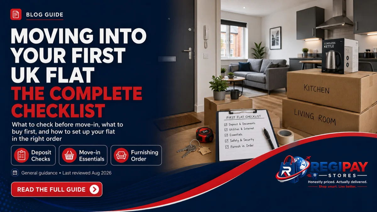 Moving boxes, keys and a checklist inside a modern UK flat, illustrating RegiPay Stores’ first-flat guide covering deposit checks, move-in essentials and furnis