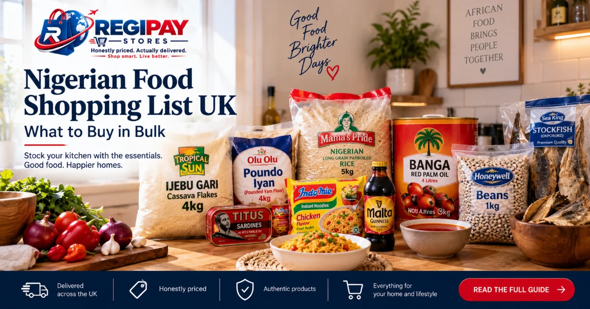 Open kitchen cupboard with labelled airtight containers of garri, egusi, rice and dried peppers